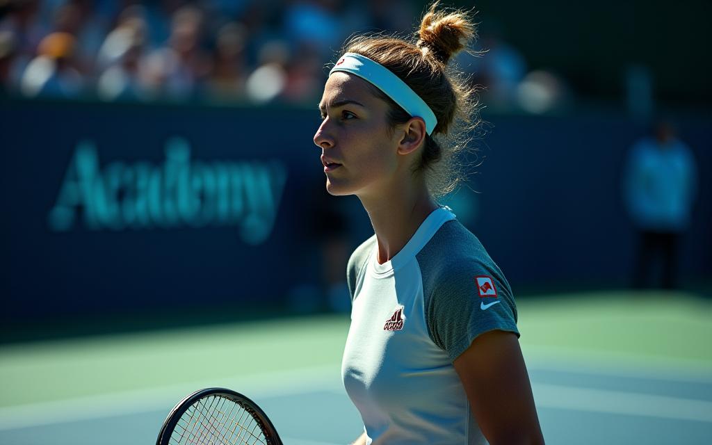 테니스 선수가 경기에 집중하는 역동적인 모습